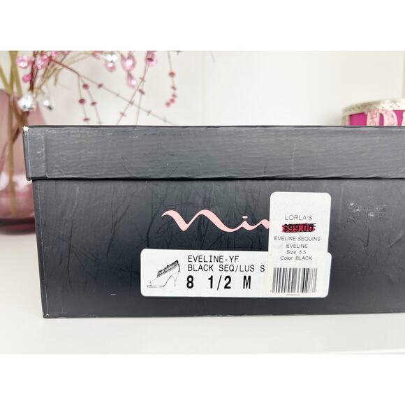 Nina Eveline Sequin Ruffle Peep Toe Platform Heels Pumps Black Size 8.5 M NWB - Picture 14 of 15